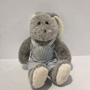 15 Inch Gray Plush Chosun Easter Bunny With Blue White Striped Overalls